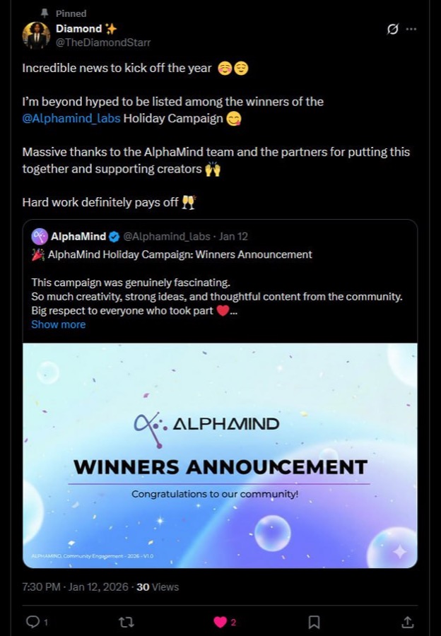AlphaMind community campaign winner announcement shared by participant