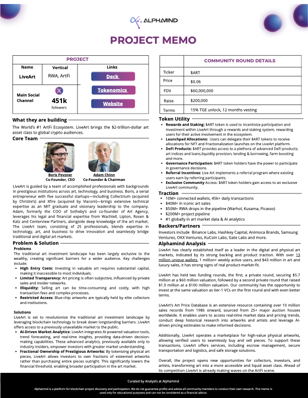 LiveArt project memo preview prepared for an AlphaMind community round page
